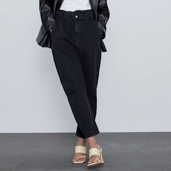 Zara Denim - ZARA Black Paper Bag Stretch Waist Denim Jeans Size